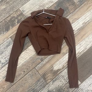 Zara collared long sleeve cropped ribbed top